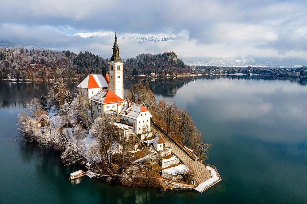 Lake Bled Winter Aerial View